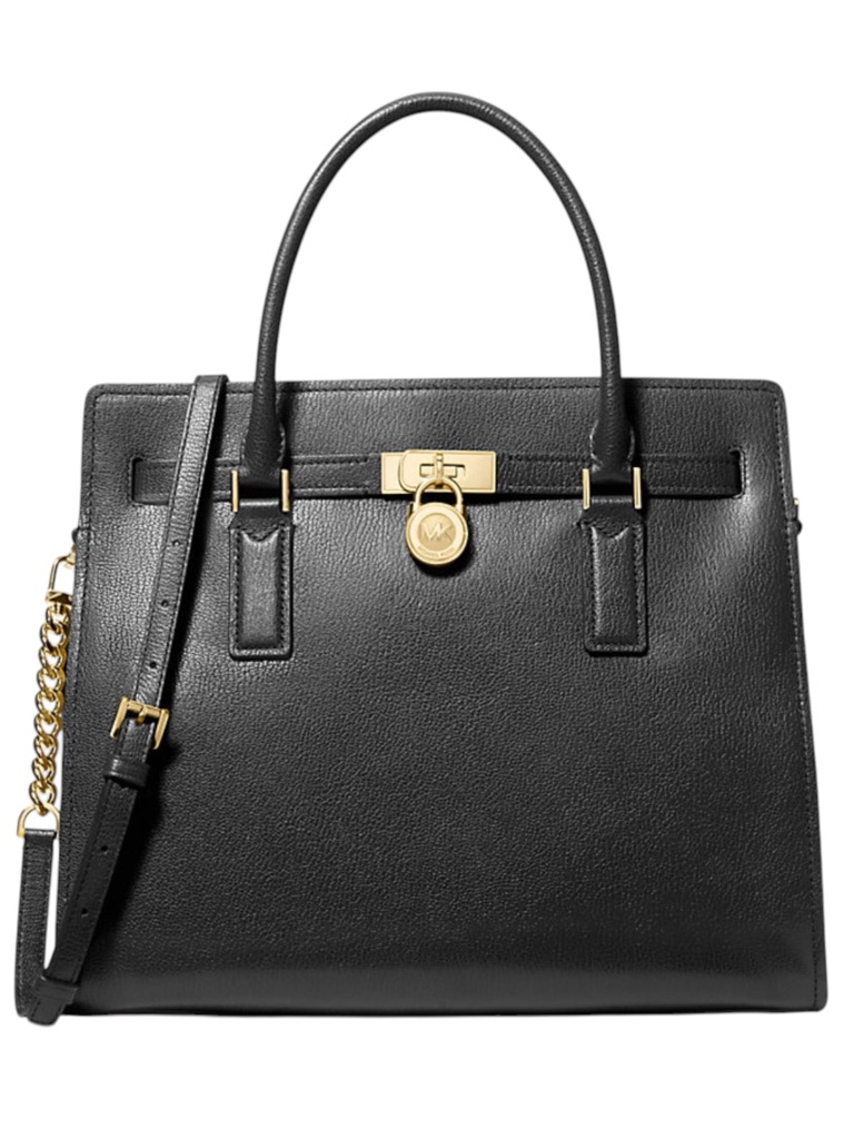 Michael Kors Hamilton Large Saffiano Leather Satchel Black Gold Lock Tote Nwt